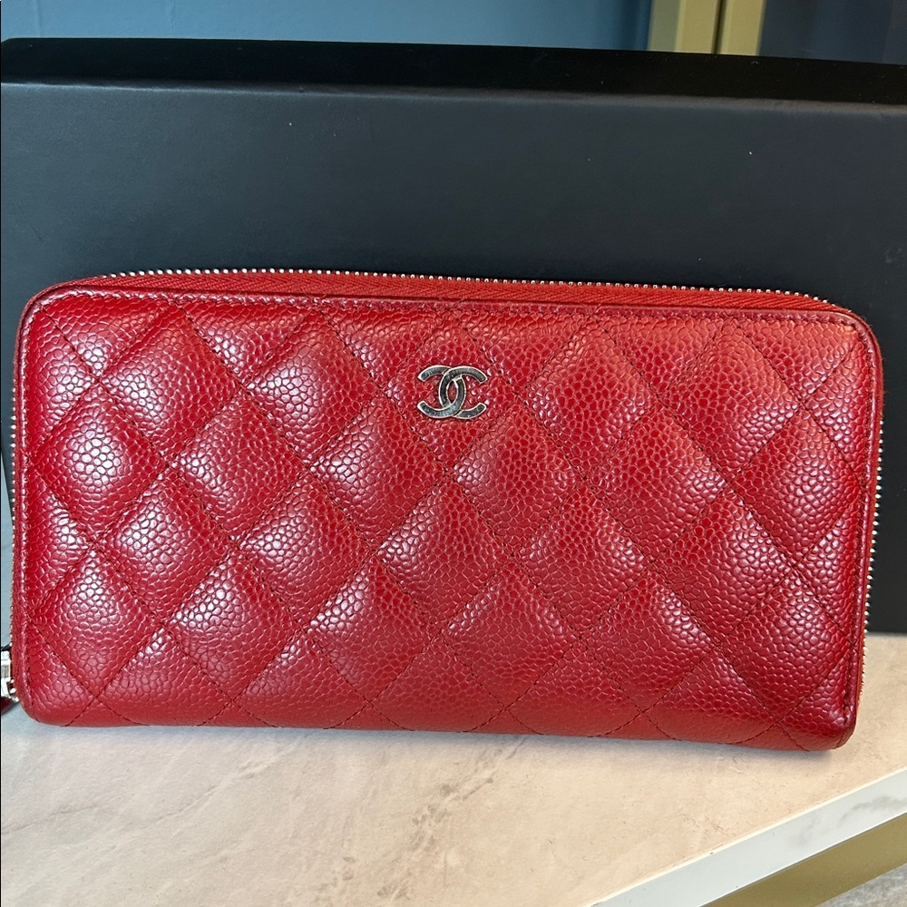 CHANEL Classic Red Caviar Quilted Wallet with Silver CC Logo